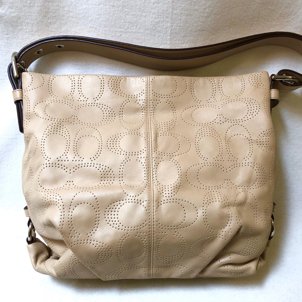Coach Perforated Leather Duffle Bag in Silver Sand